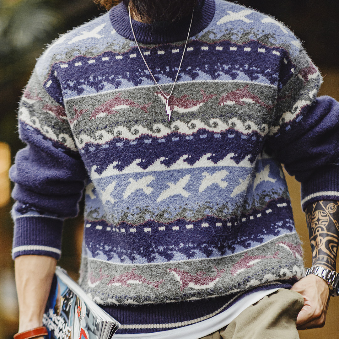 American Retro Fair Island Round Neck Loose Warm Knit Sweater