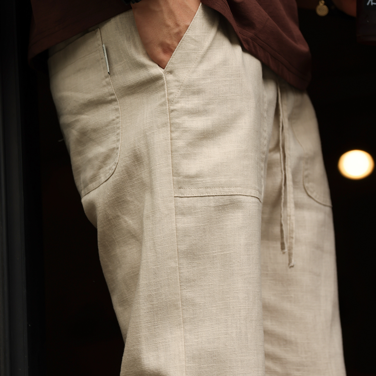 Summer American style breathable cotton and linen men's loose straight leg casual pants