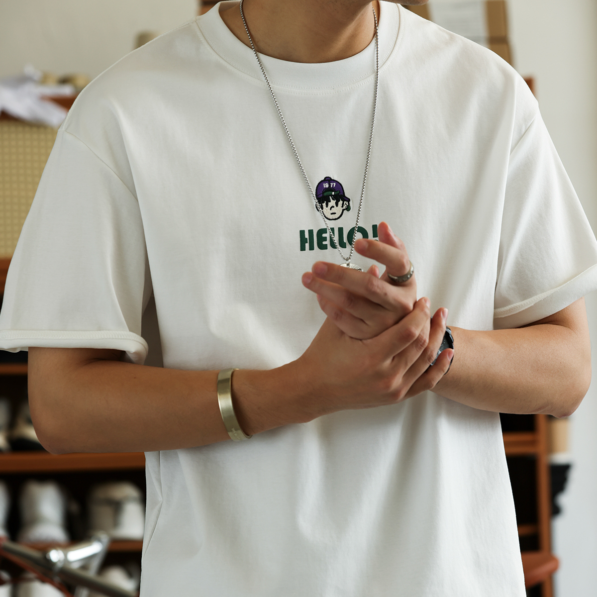 American casual embroidery men's summer artistic youth patch printed T-shirt