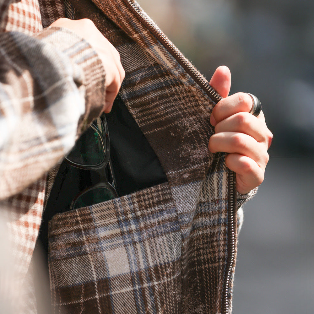 Ink wash blended plaid double-sided zipper loose brushed cardigan with a collar jacket