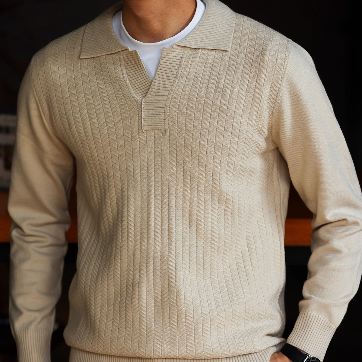 Scissor Neck Men'S Wrinkle Resistant Knitted Casual Polo Shirt