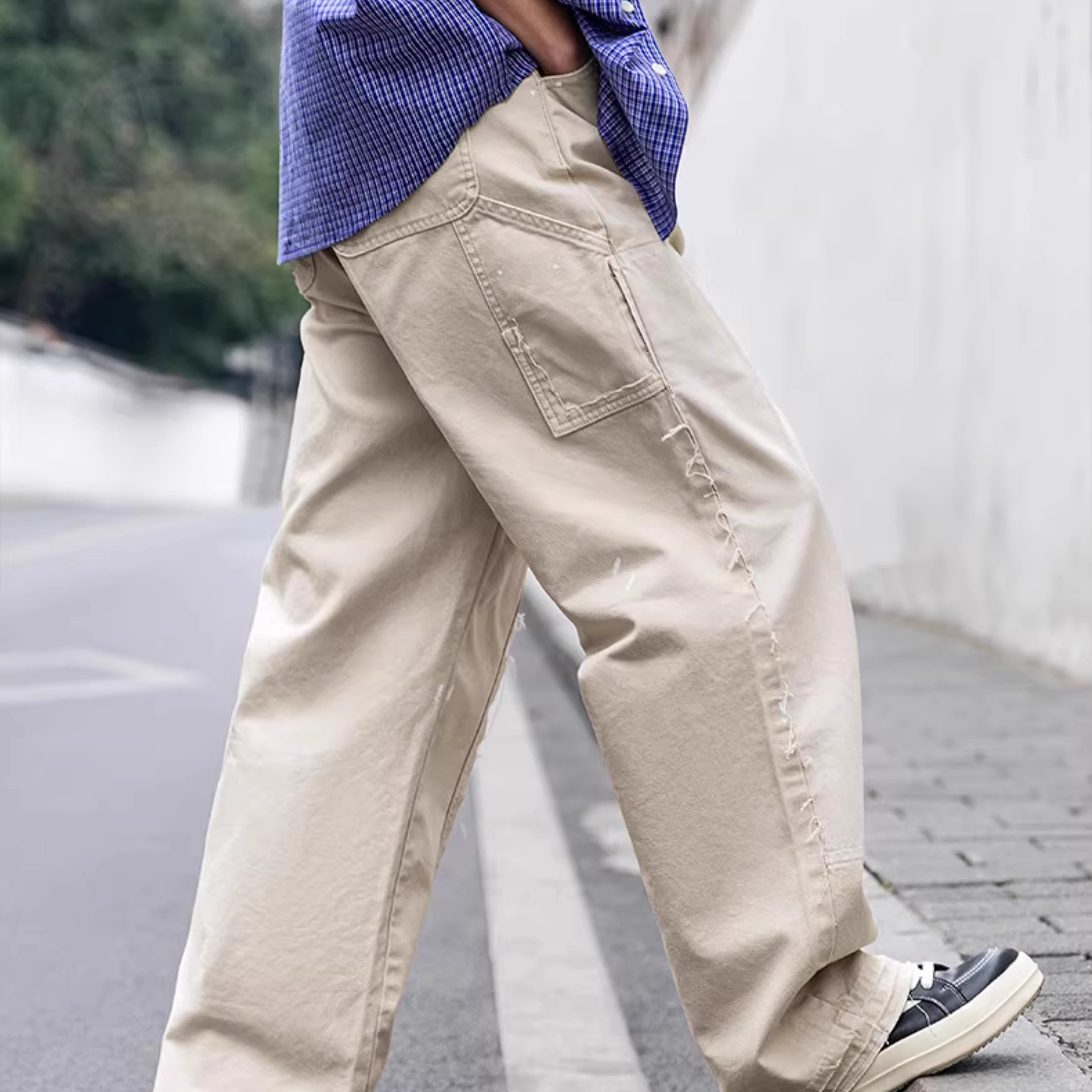 Japanese perforated canvas straight leg casual lumberjack pants