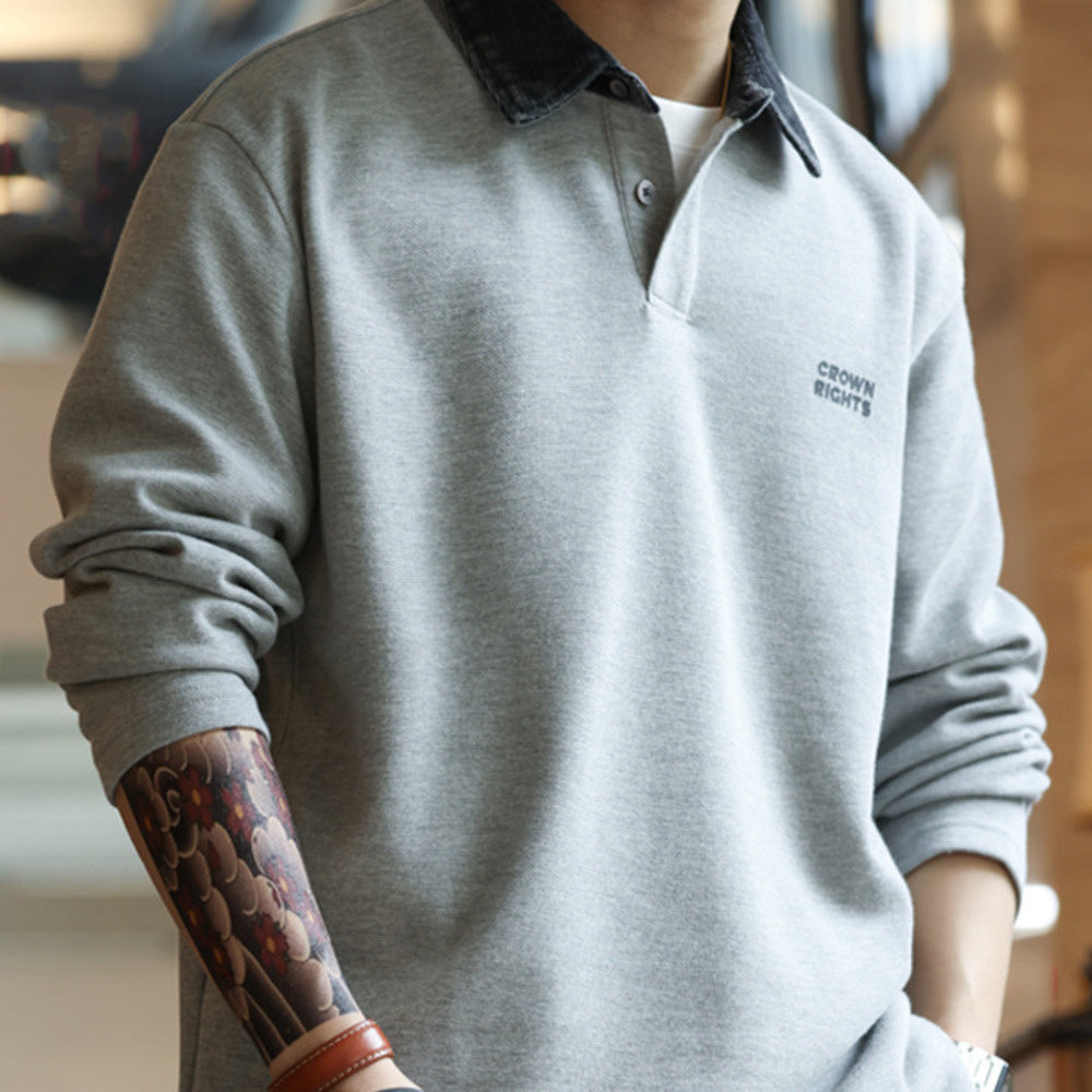 Color blocked collar long sleeved polo shirt men's loose casual sports collar knitted T-shirt sweatshirt