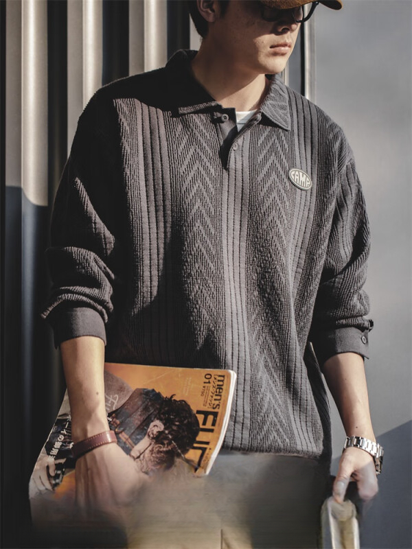 Madden jacquard knitted polo shirt preppy roll-neck pullover sweater