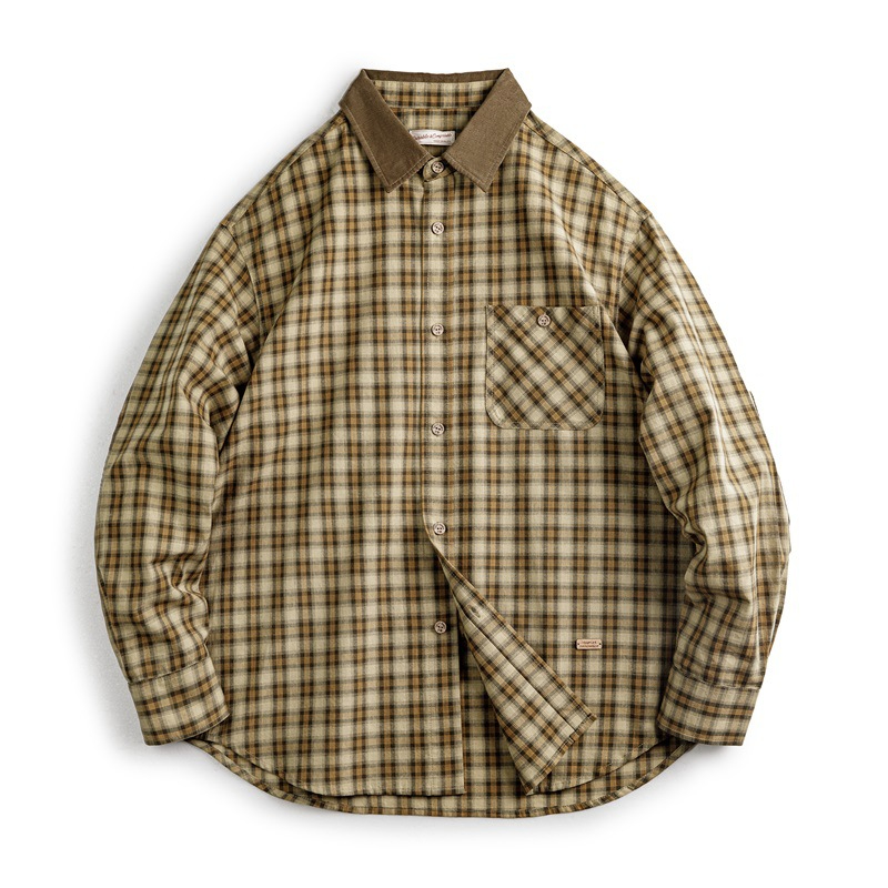 Maden retro Scottish plaid long sleeved shirt with corduroy patchwork lapel plaid shirt