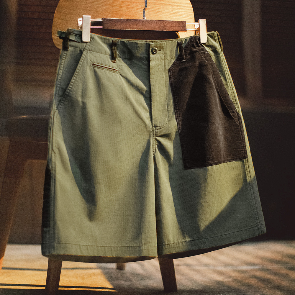 Summer American retro color blocked large pocket straight cut logging shorts