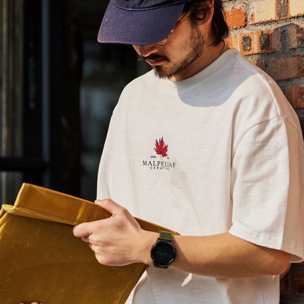 American casual maple leaf print men's 230g pure cotton retro sports T-shirt