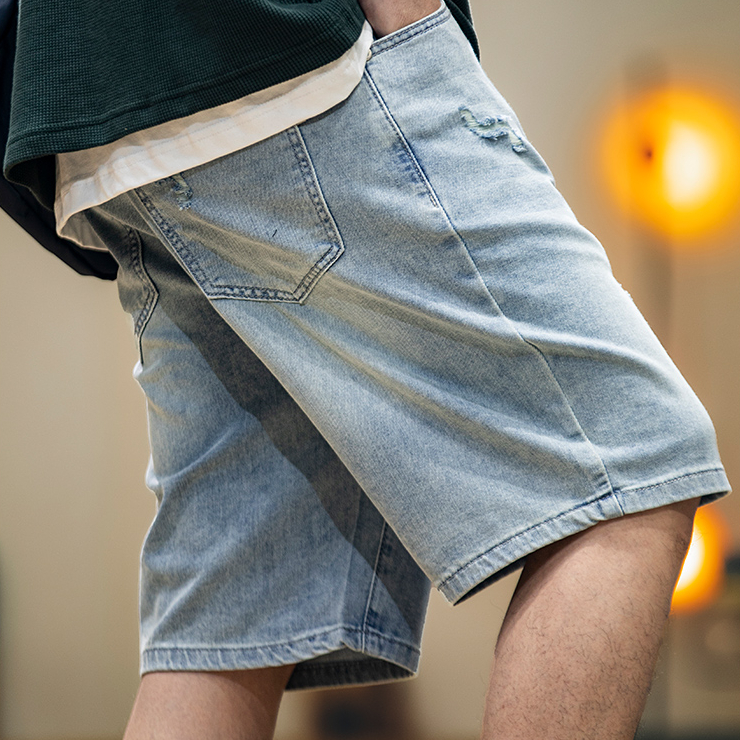 Summer new Lyocell men's loose ripped denim shorts
