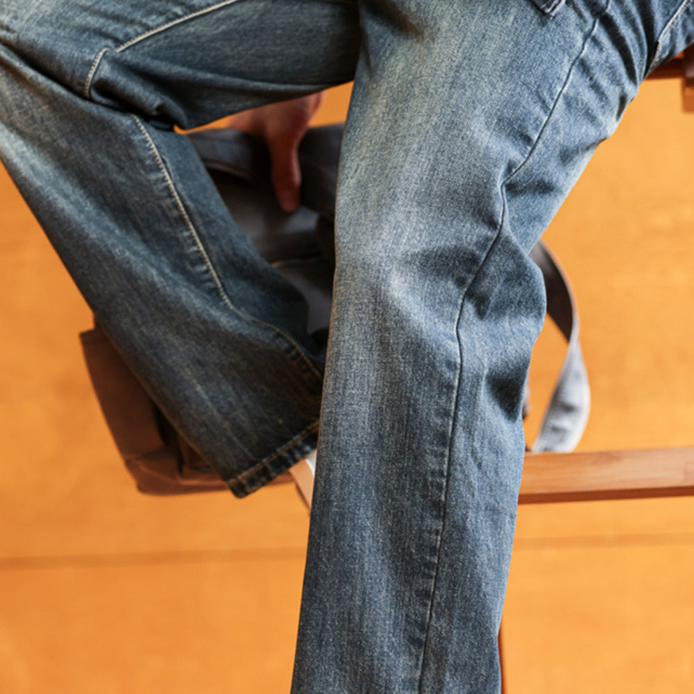 Washed blue jeans for men, loose straight leg with a sense of falling, casual wide leg dad pants