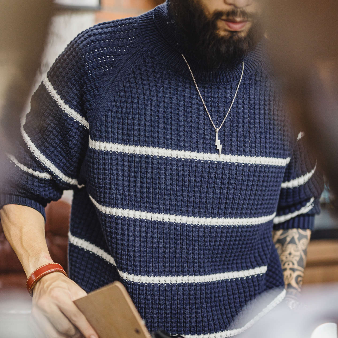 American Retro Striped Raglan Sleeve High Neck Knitted Pineapple Pattern Sweater