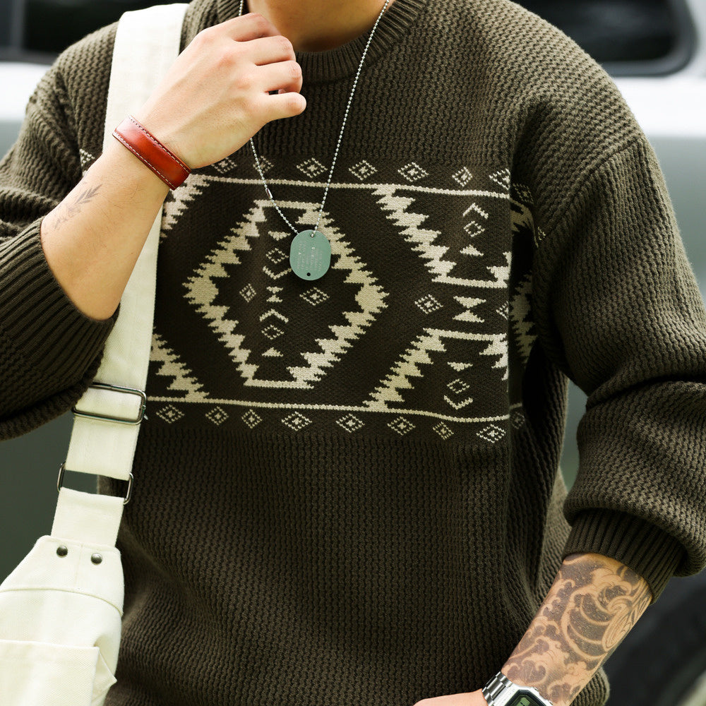 Vintage Navajo diamond jacquard sweater loose 800g heavyweight ethnic style knitted top