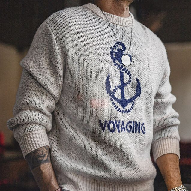 Maden Vintage Knit Anchor Jacquard Sweater Vintage Pullover Crew Neck Bottom Sweater