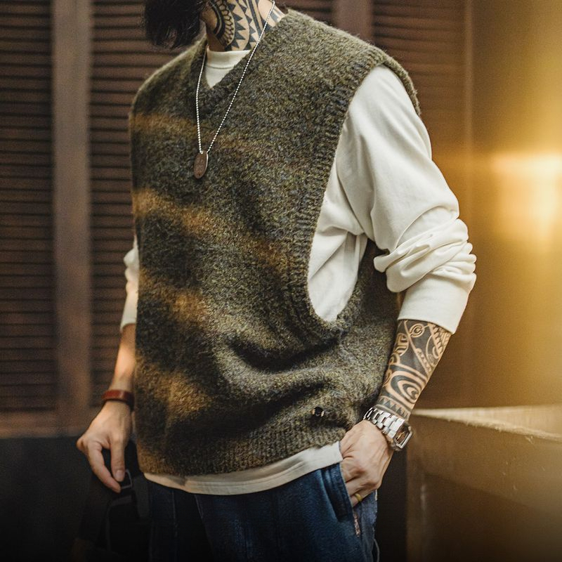 Madden Workwear American Retro Knitted V-neck Vest Fluffy Vest Bandage Dress Pullover Keep Warm Sleeveless Waistcoat Men's Autumn and Winter