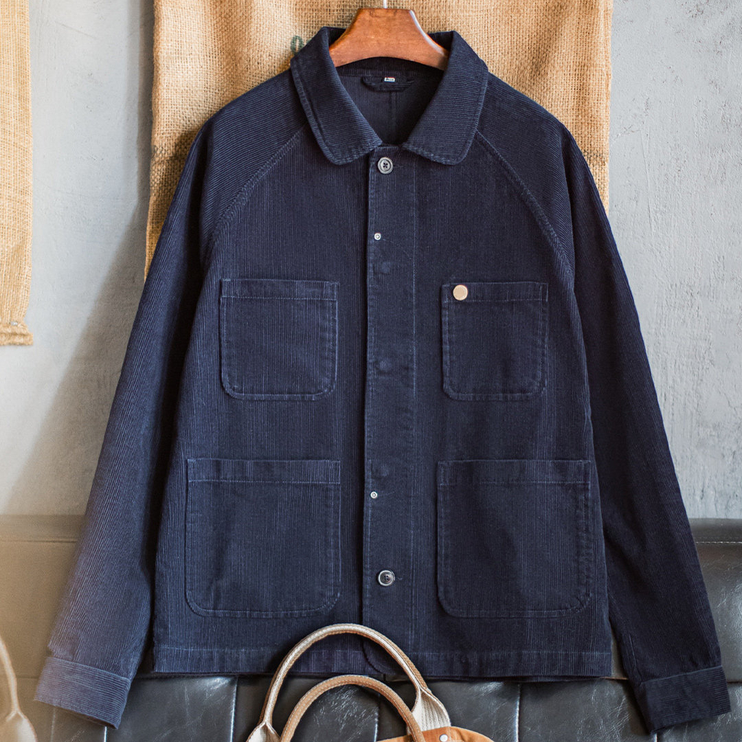 American Retro Corduroy Four Pocket Hunting Jacket Short, Navy Blue Lapel Thin Jacket