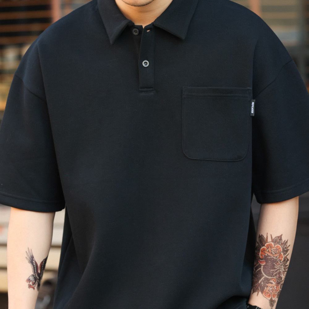 Japanese casual 340g men's loose pocket lapel short sleeved polo shirt