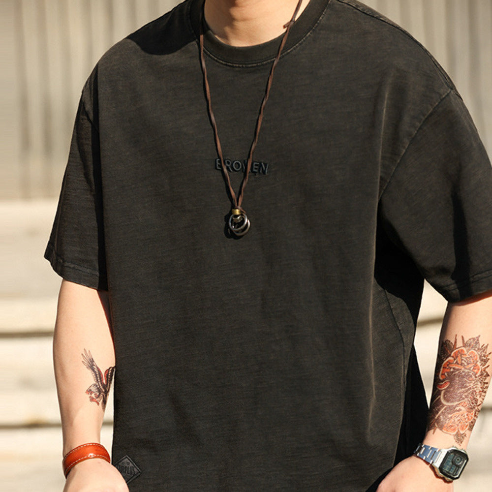 Japanese retro men's 250g letter embroidered pure cotton short sleeved T-shirt