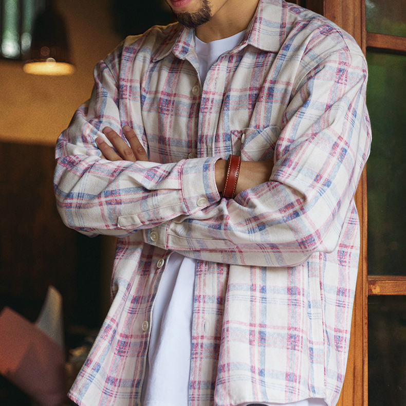 Lyocell Light Pink Men'S 2025 Autumn New Washed Plaid Shirt