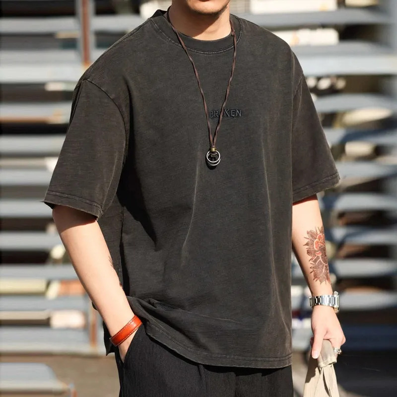 Japanese retro men's 250g letter embroidered pure cotton short sleeved T-shirt