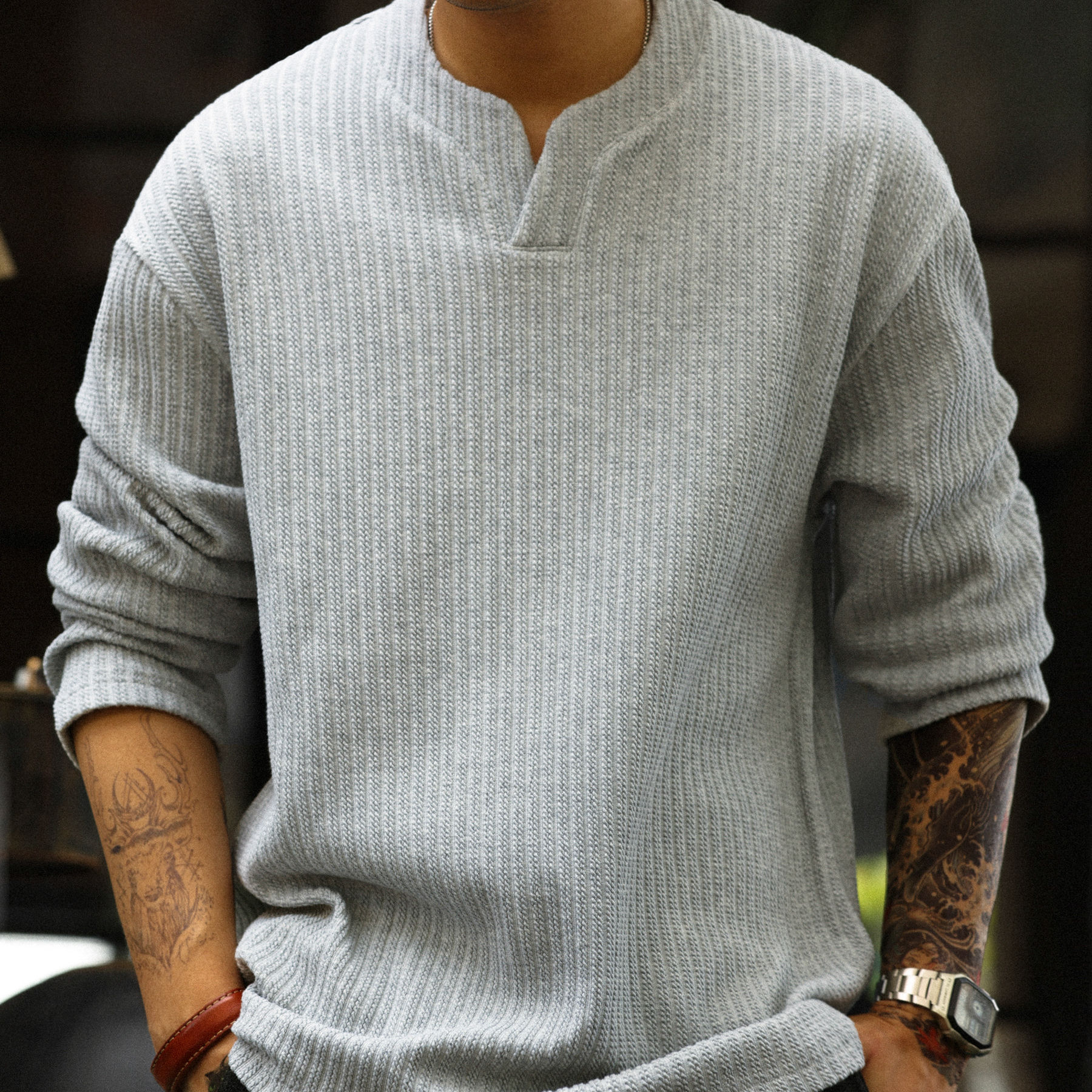 American Jacquard Small V-Neck Men's 330g Heavy-Duty Long Sleeved T-Shirt