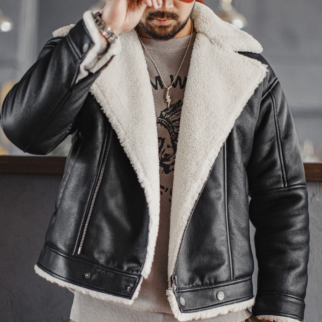 American G1bomber Imitation Lamb Fleece Lychee Pattern Warm Jacket