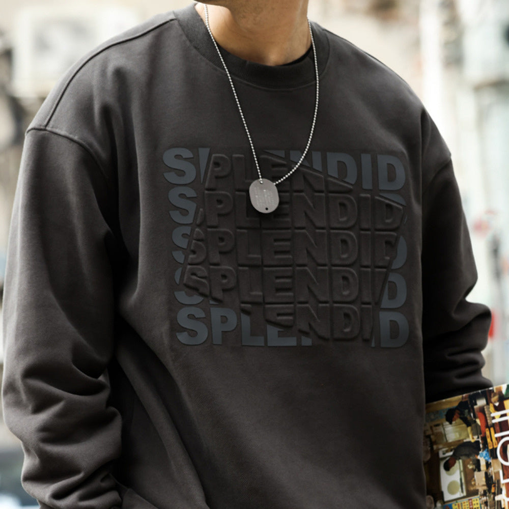 Retro fleece letter printed round neck sweatshirt loose 480g heavyweight long sleeved casual top