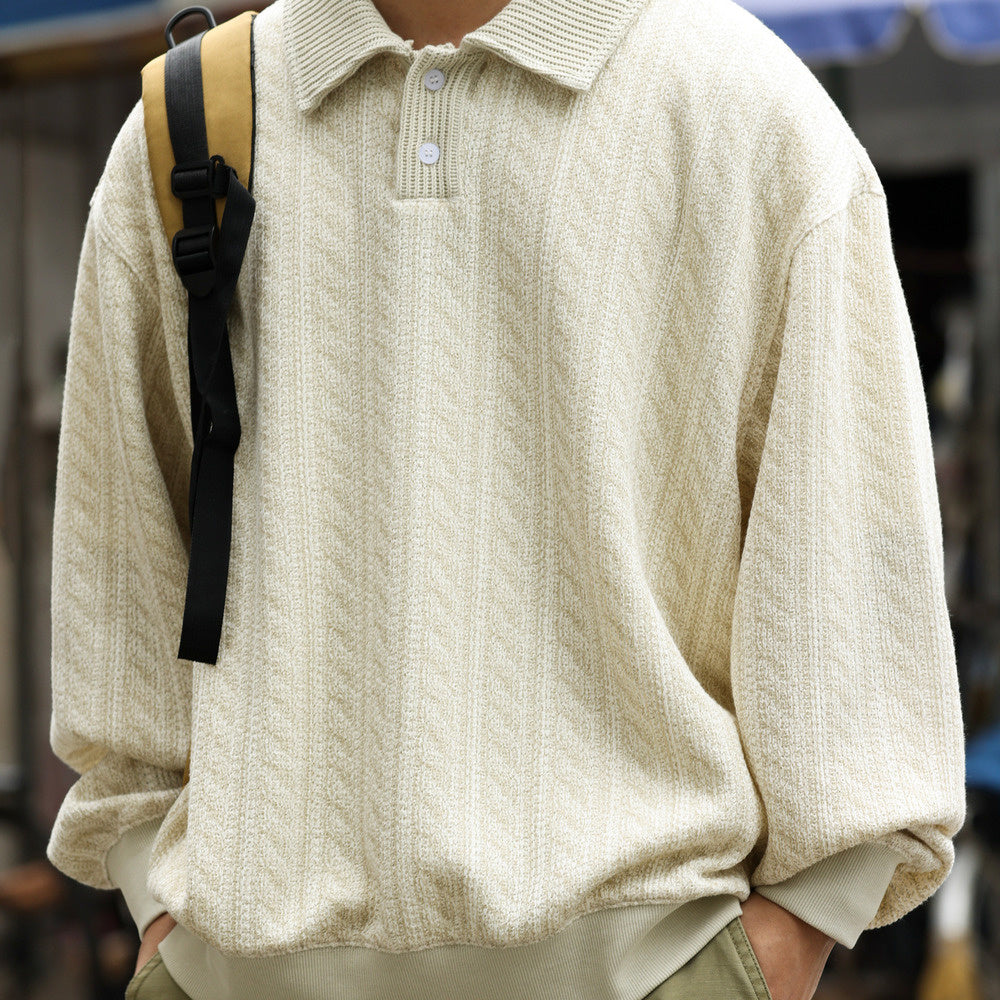 Knitted texture, relaxed feeling, flip collar hoodie, casual college style, loose long sleeved POLO top
