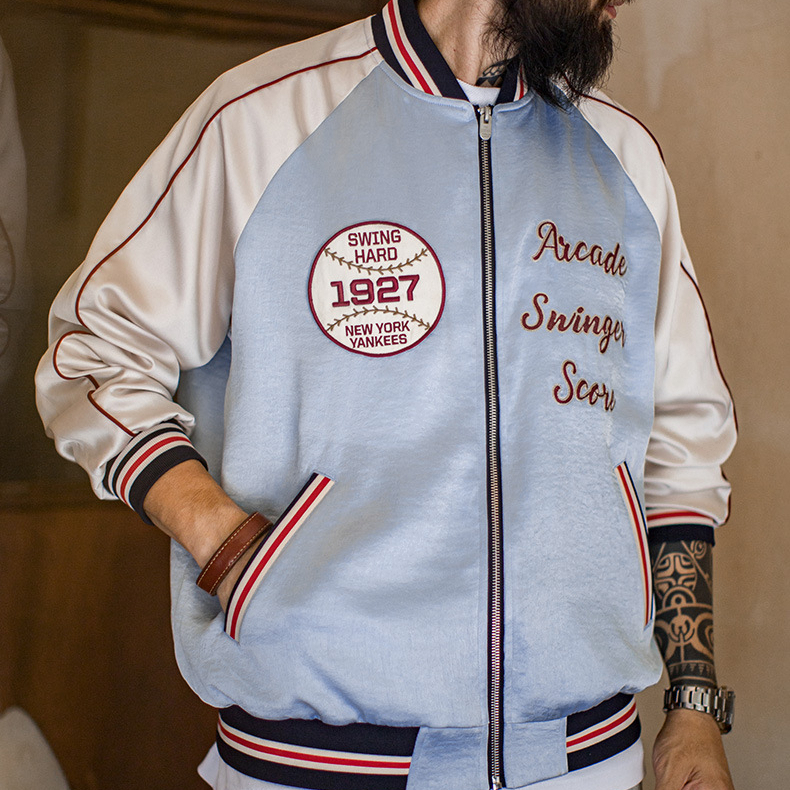 American retro embroidered patchwork satin baseball jacket