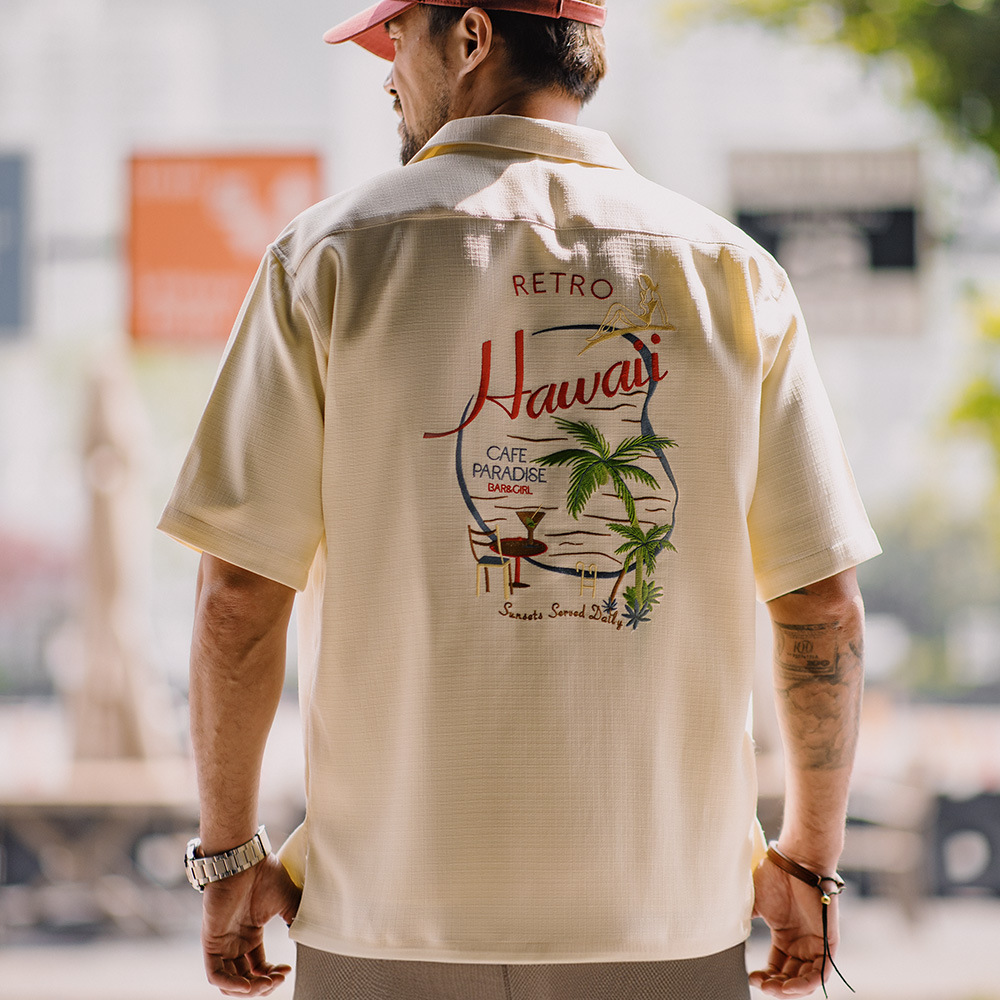American Retro Hawaiian Embroidery Bamboo Knot Pattern Hanging Cuban Collar Short Sleeved Shirt