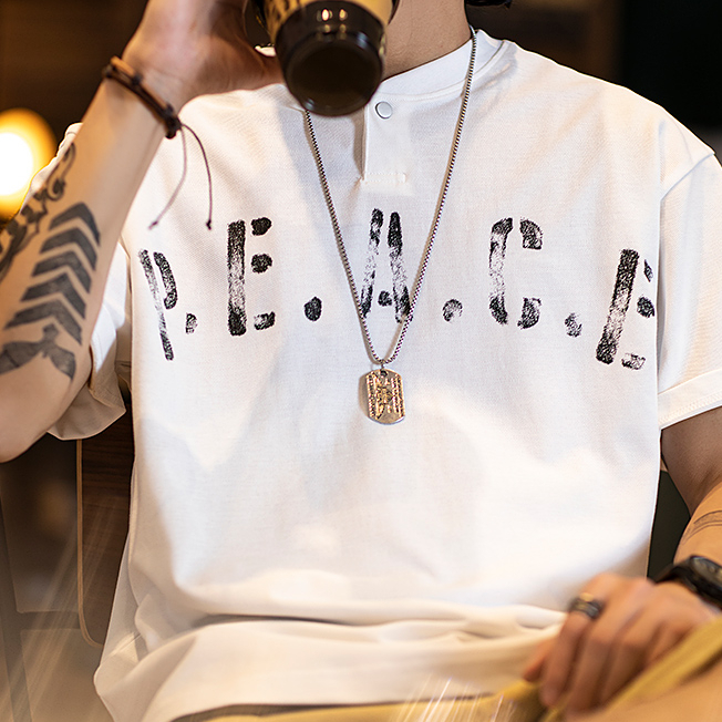 American casual printed men's Henry collar loose cotton T-shirt