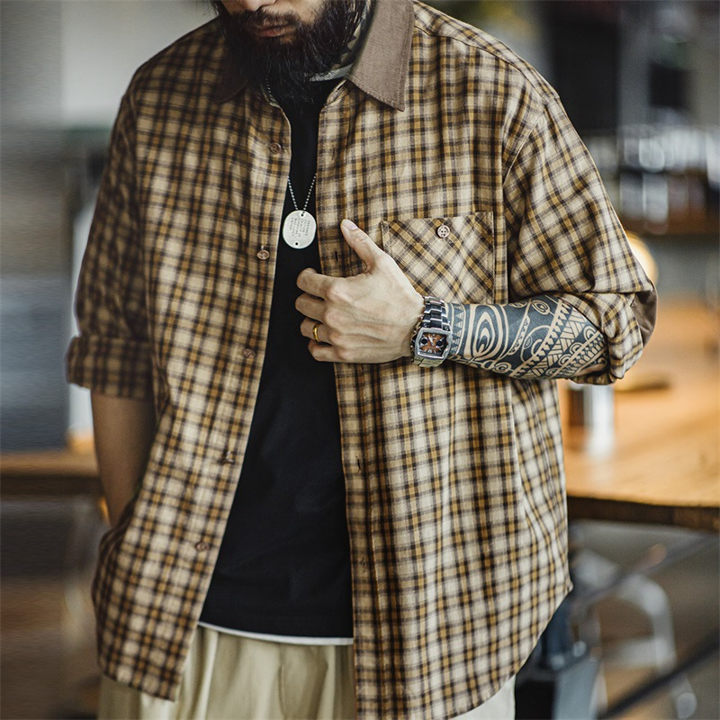 Maden retro Scottish plaid long sleeved shirt with corduroy patchwork lapel plaid shirt