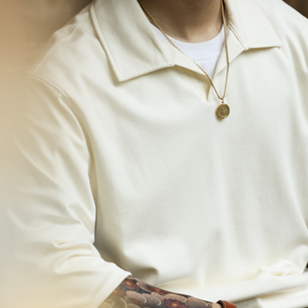 Casual 280g skin friendly mini velvet small V-neck long sleeved T-shirt with loose apricot base POLO shirt