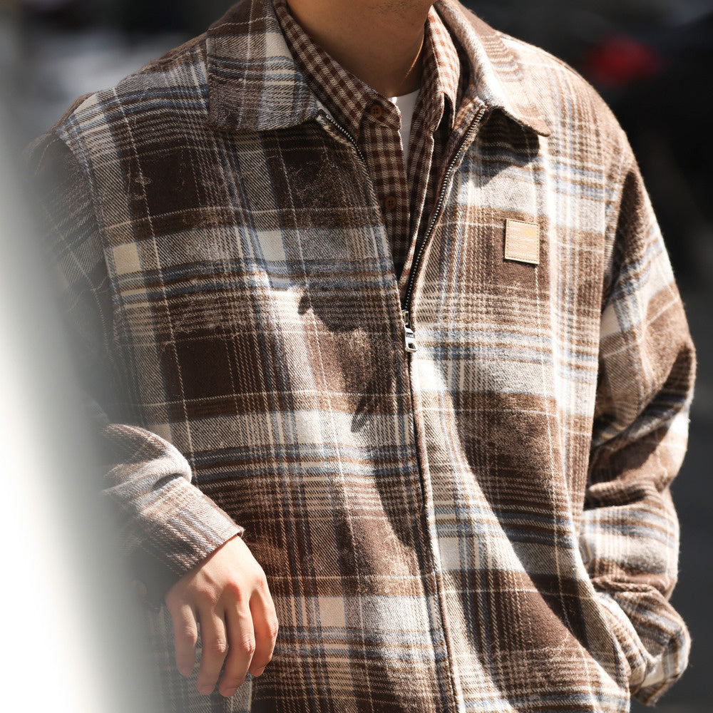 Ink wash blended plaid double-sided zipper loose brushed cardigan with a collar jacket