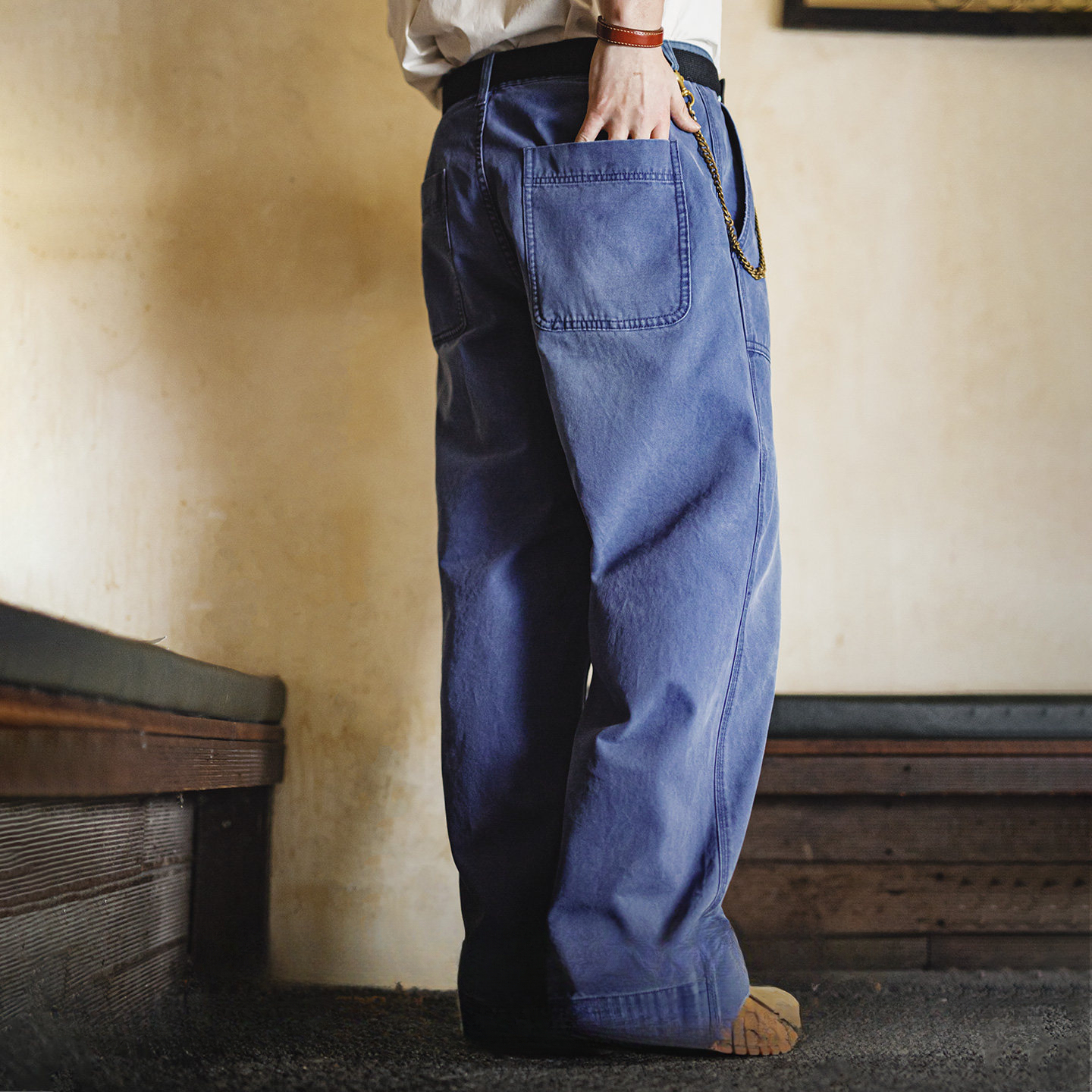 French Retro Blue Washed Canvas Loose Straight Leg Casual Pants