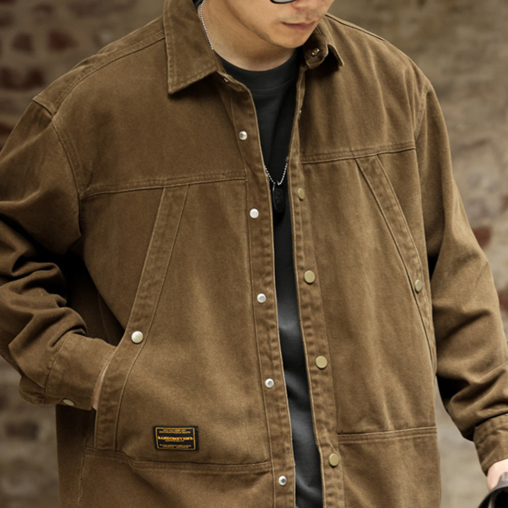 Workwear diagonal insertion large pocket shirt jacket casual outdoor hunting jacket autumn