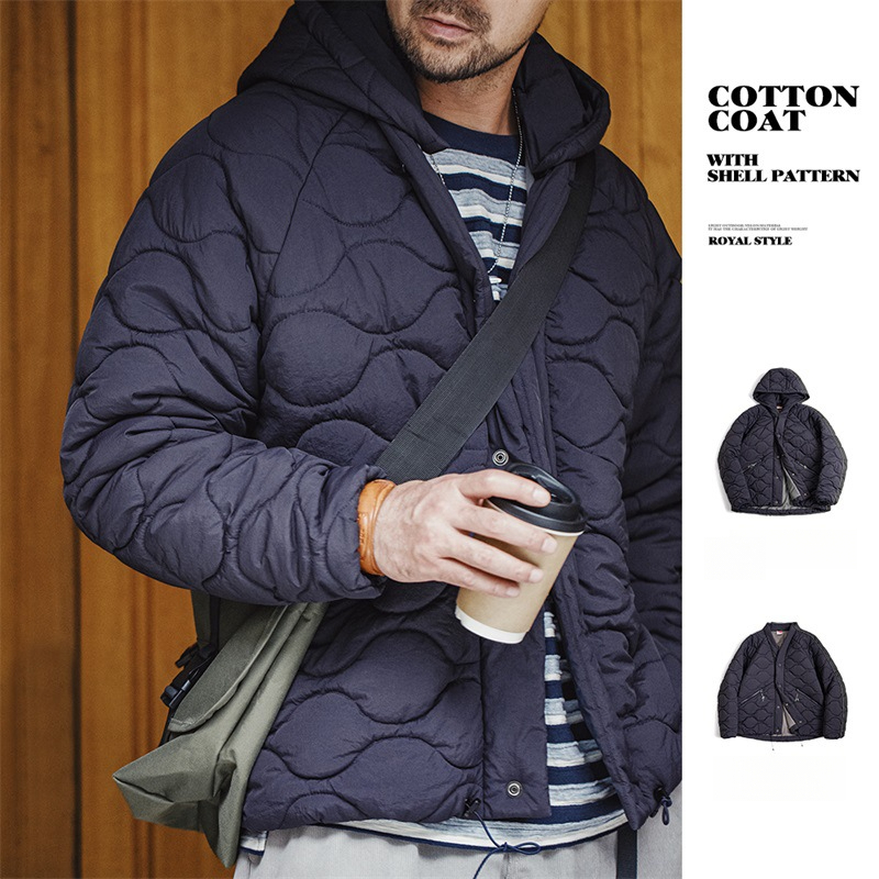 Maden Retro Shell Pattern Hooded Cotton Coat with Detachable Cotton Quilted Coat