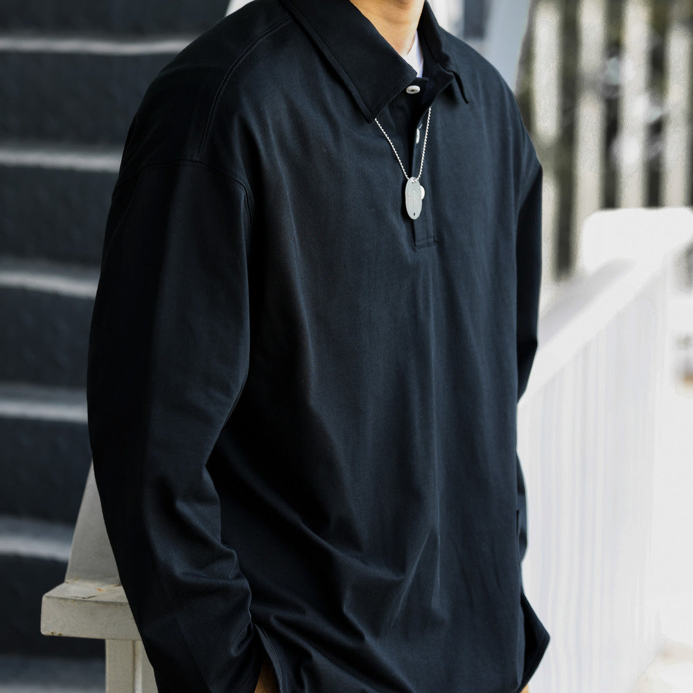 Casual pocket lapel long sleeved polo shirt with curved hem for outdoor sports layering workwear T-shirt