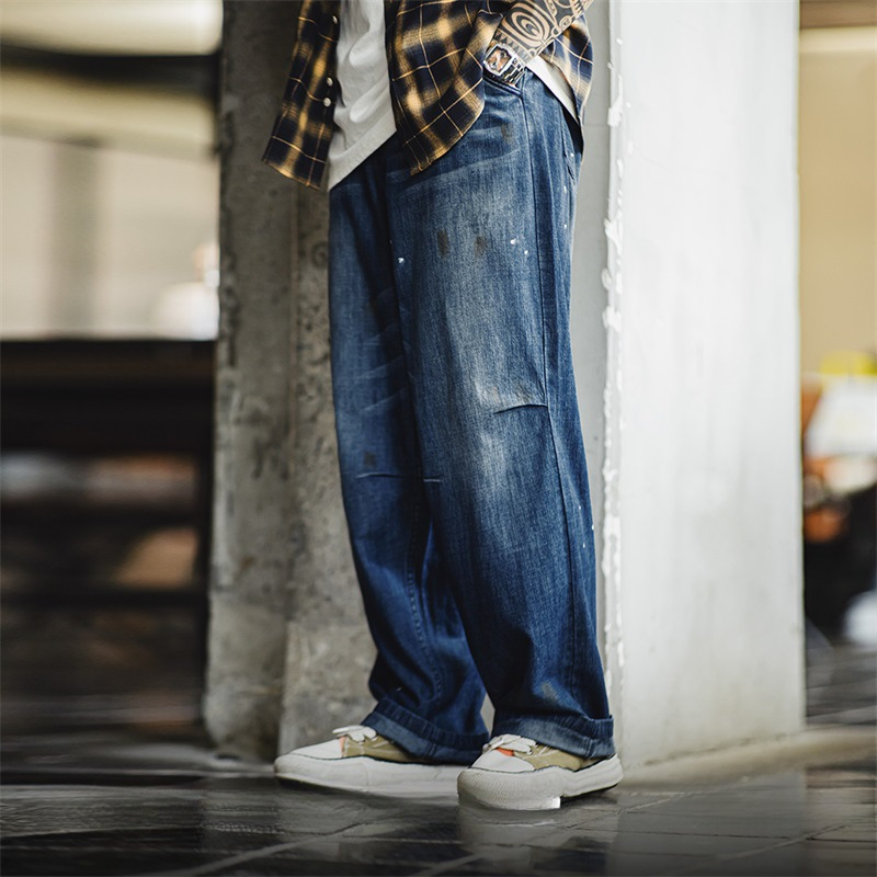 Maden vintage distressed white cat whiskers loose washed denim splashed ink straight leg jeans