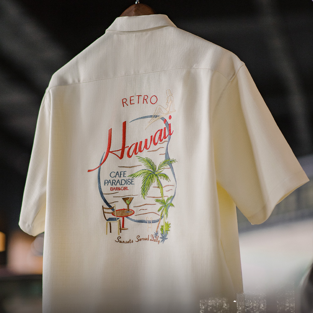 American Retro Hawaiian Embroidery Bamboo Knot Pattern Hanging Cuban Collar Short Sleeved Shirt