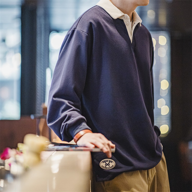 Maden Vintage Knitted Contrast Polo Sweatshirt with Academy Style Loose Polo Collar Long Sleeve T-shirt