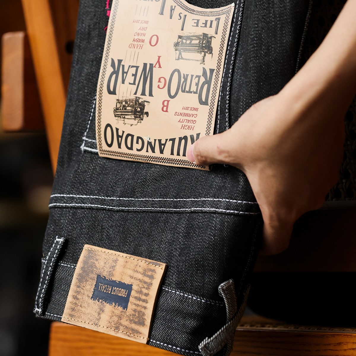 American Retro Silver Thread Men's 14oz Heavy-Duty Embroidered Straight Denim Jeans