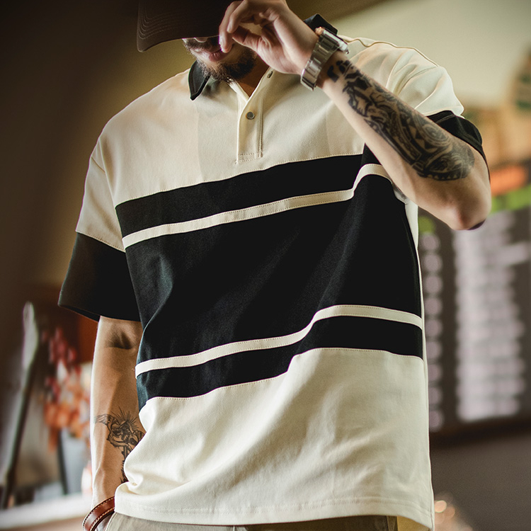 American Retro Men'S Summer New Style Contrasting Color Elastic Loose Polo Shirt