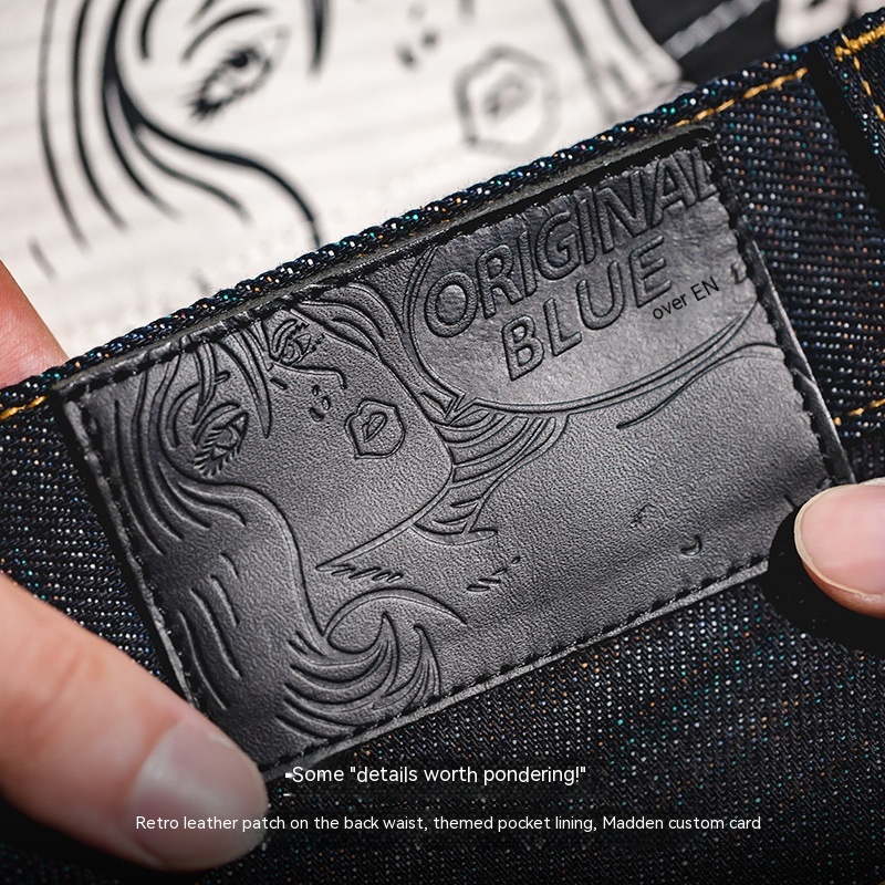 Maden American retro heavyweight colored cotton white edge red ear straight leg original cow pants