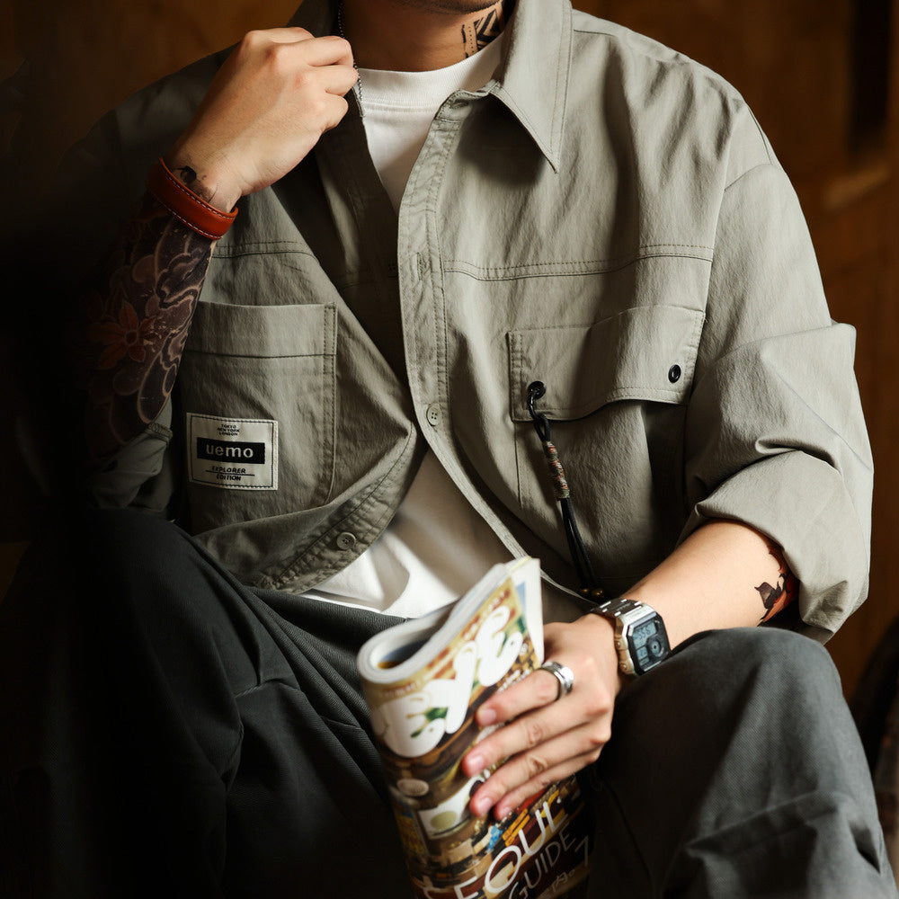 Outdoor workwear, long sleeved shirt, men's loose fit, casual and handsome, plus size shirt jacket