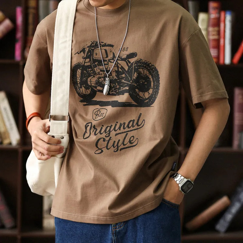 American casual motorcycle print men's loose round neck pure cotton T-shirt