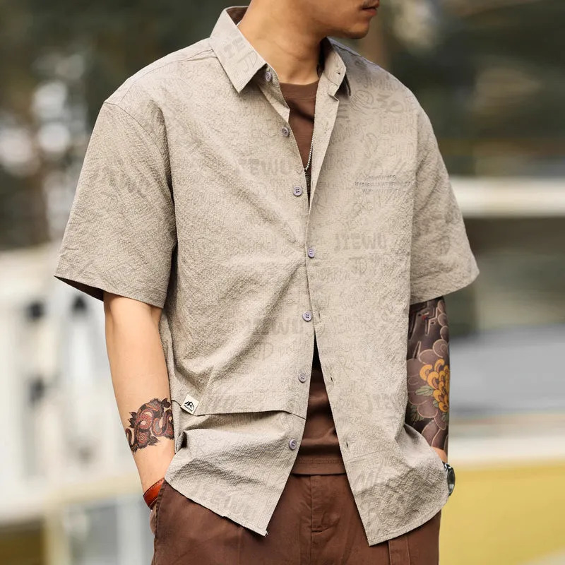 American retro short sleeved shirt men's full printed jacquard layered casual shirt