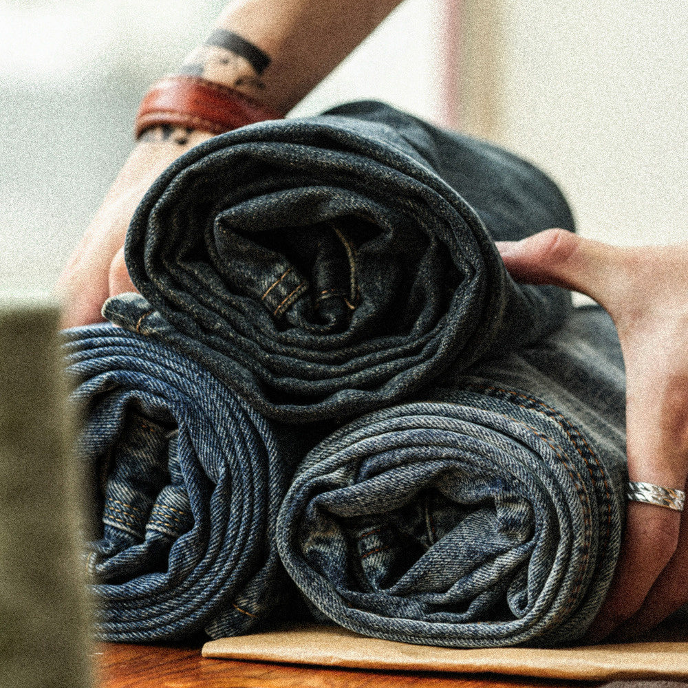 12.8-ounce washed blue jeans with cat whiskers worn loose straight leg casual pants