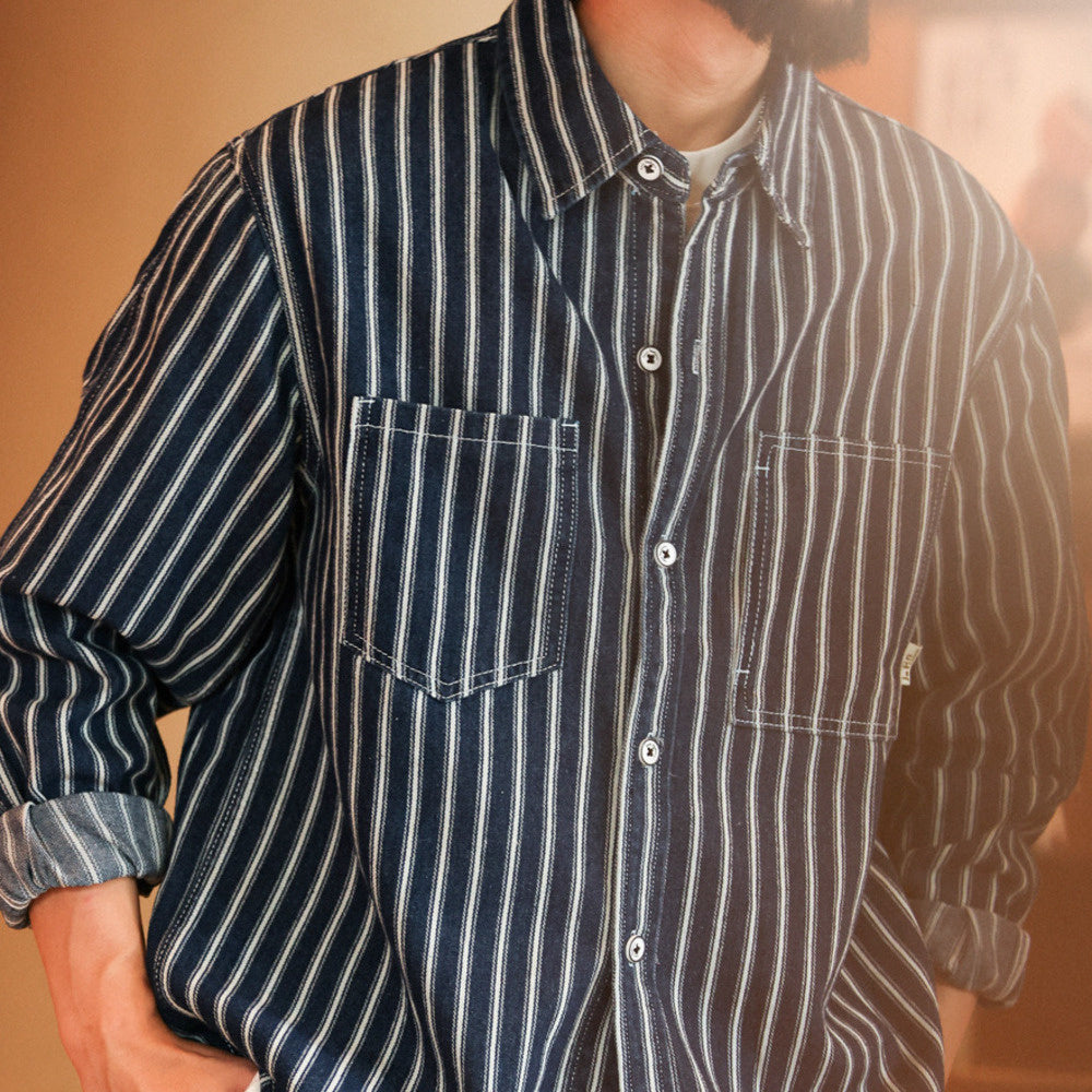 Vertical striped shirt men's slightly wide long sleeved pocket outdoor casual denim shirt jacket