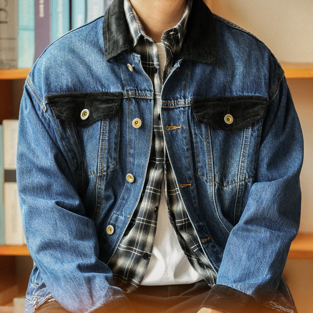 Stone washed denim jacket with loose corduroy patchwork collar, casual vintage jacket