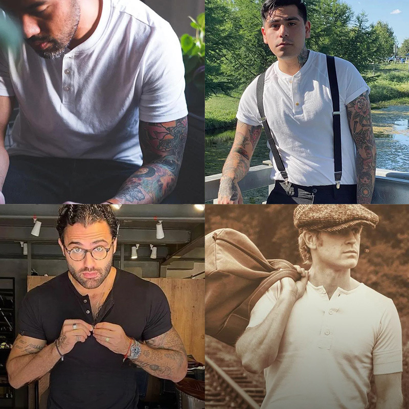 Maden Retro Amekaji Short Sleeve Henley Shirt Summer Army Green Micro-Elastic T-shirt