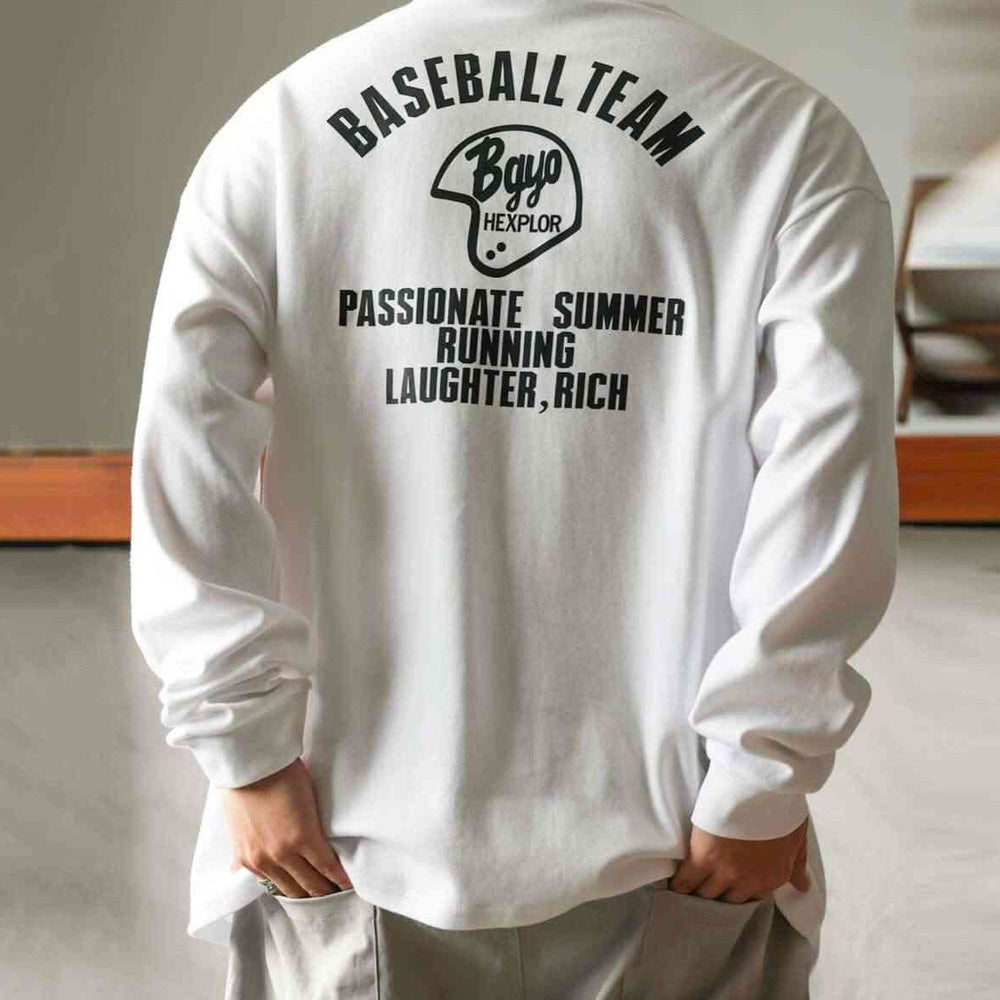 Casual Printed 300g Heavyweight Long Sleeve T-Shirt Milled Wide Small Neckline White Bottom Shirt